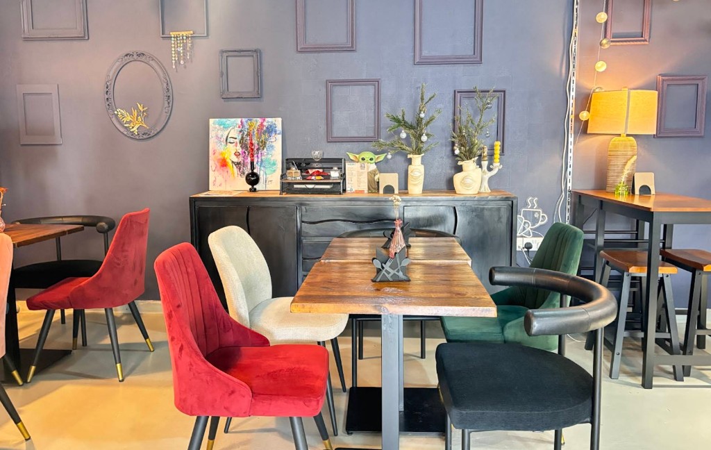 Close-up of colorful cafe seating area