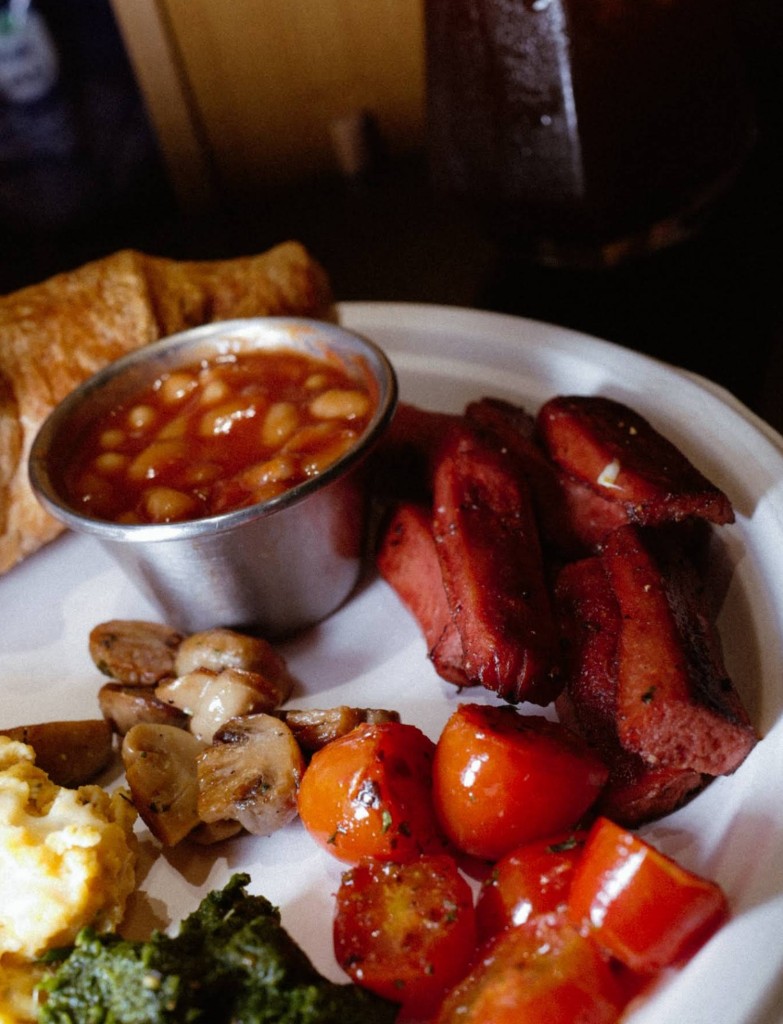 Full English breakfast - eggs, sausage, beans and mushrooms