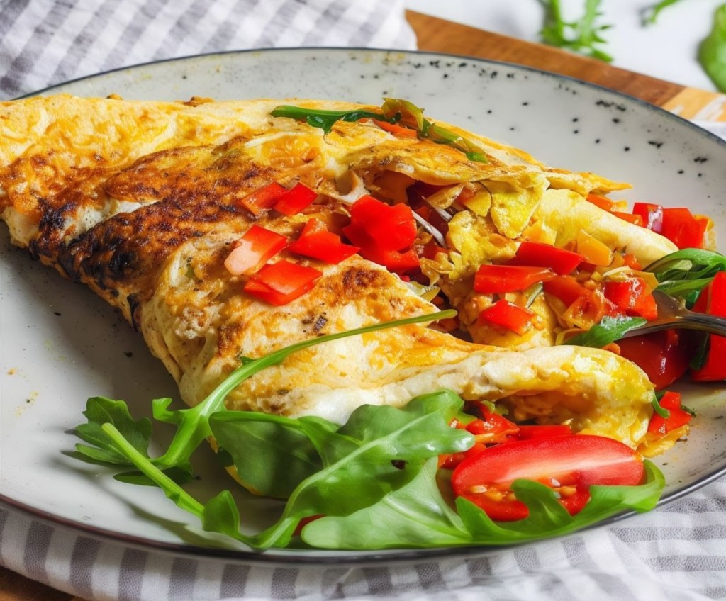 Omelette with red peppers and arugula salad