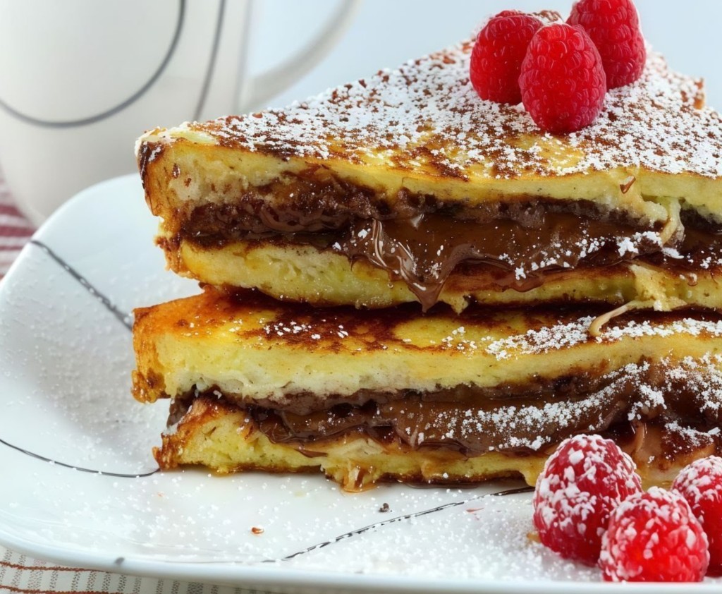 French toast with Nutella filling and fresh raspberries