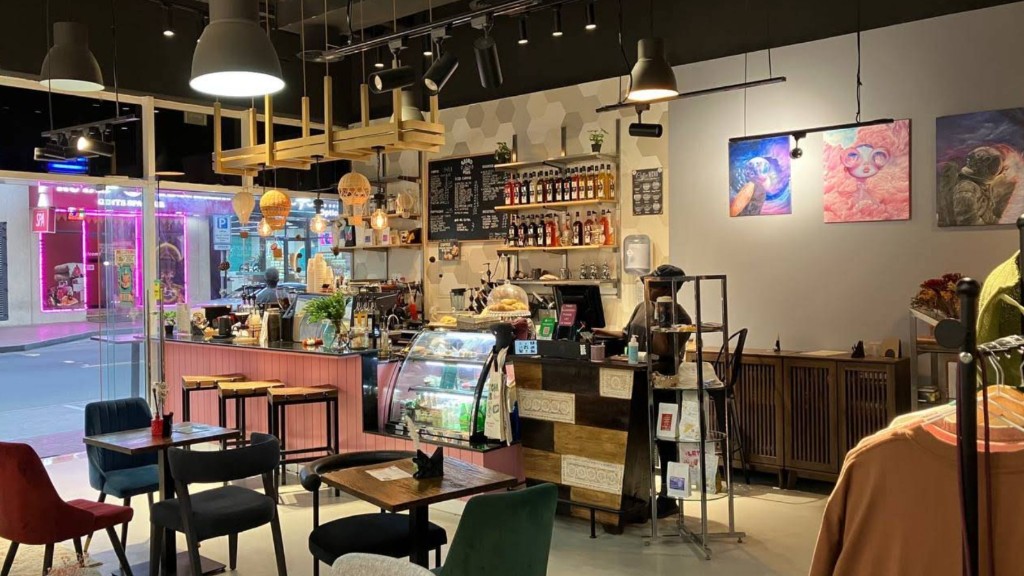 Cafe interior with eclectic artwork